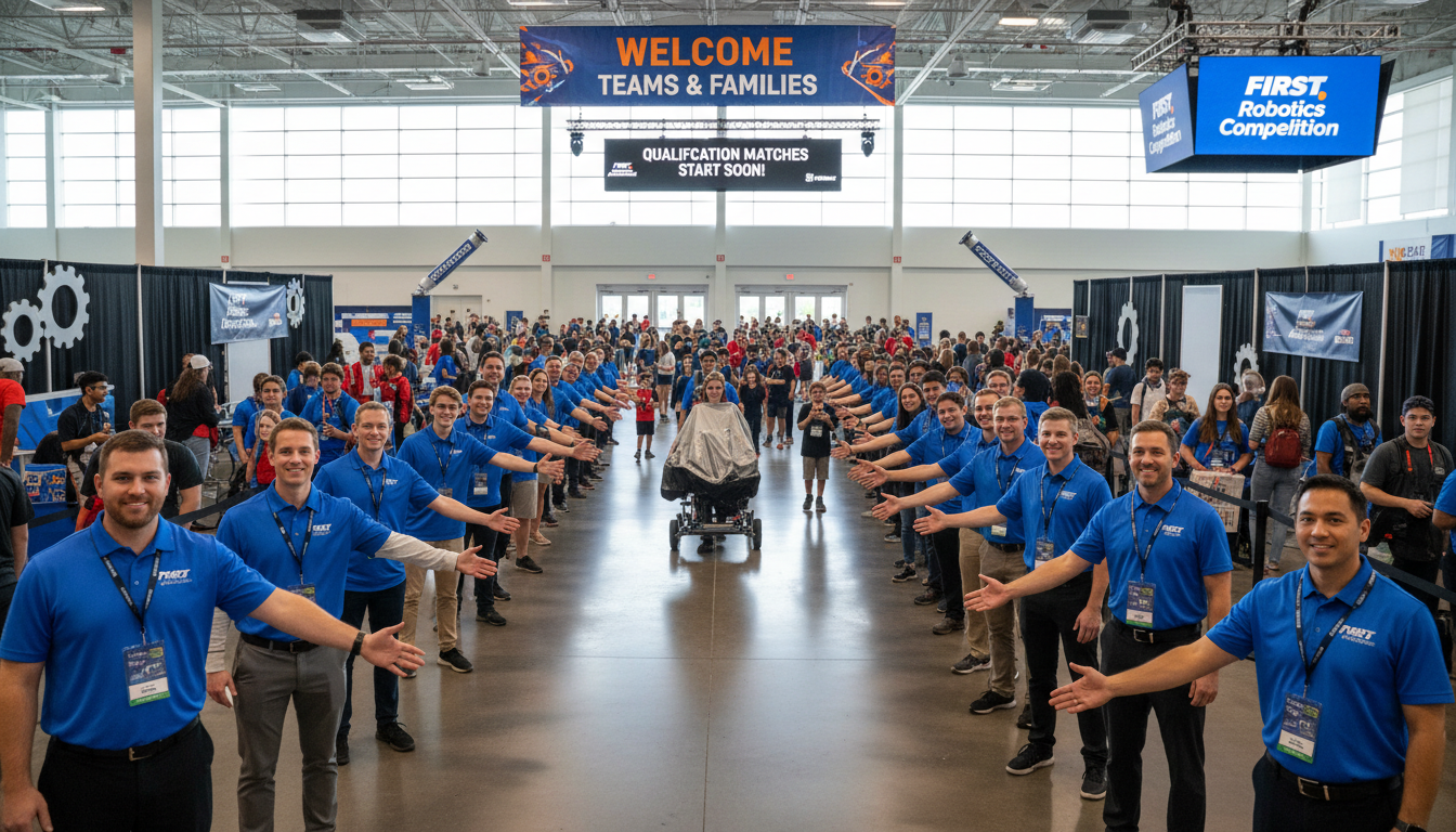Professional event staff welcome teams and families at a large-scale FIRST Robotics regional competition