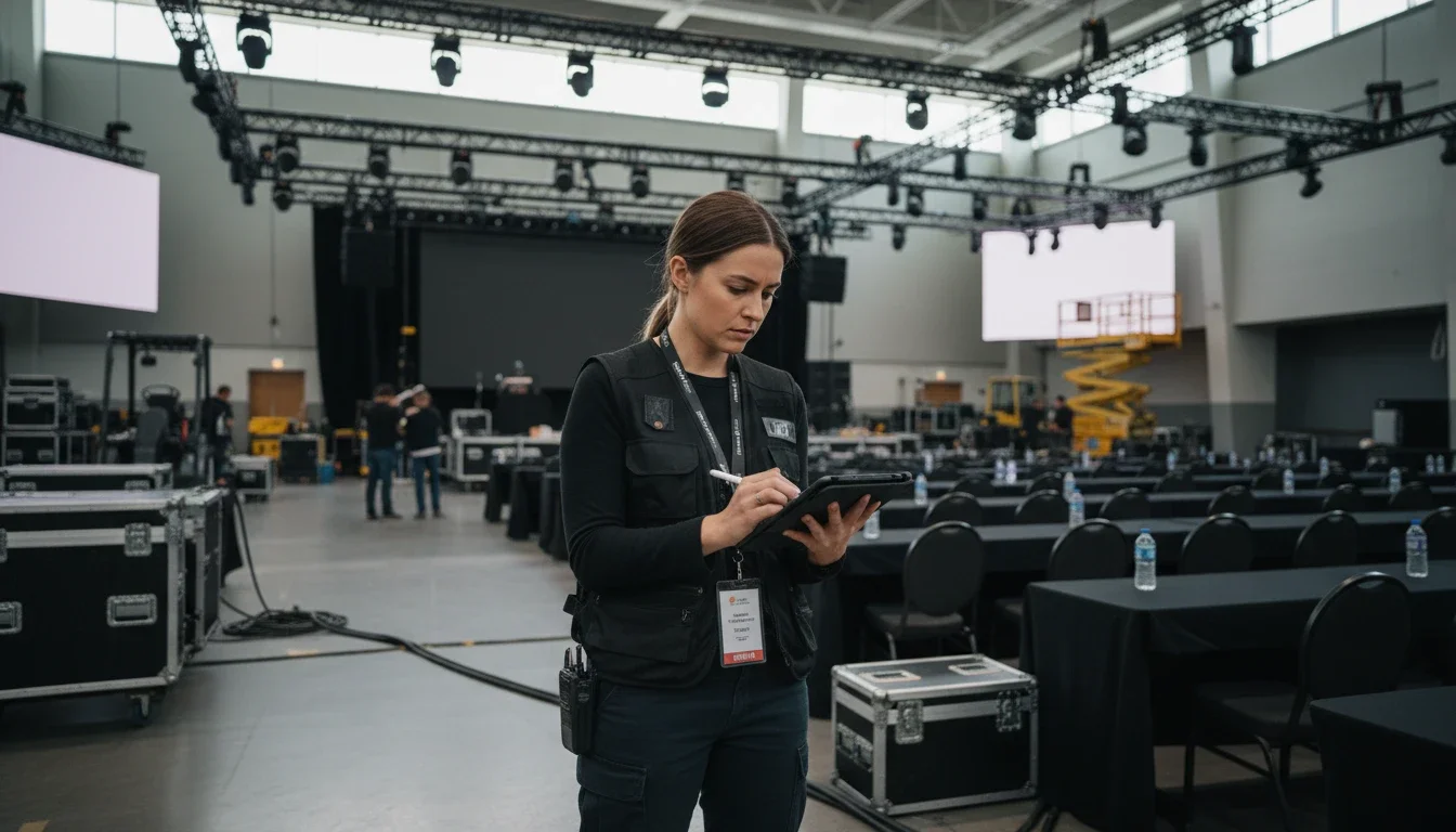 event production assistant reviewing run of show at corporate event venue