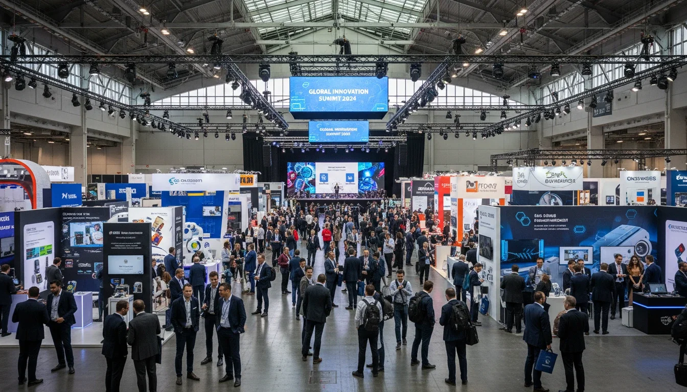 Busy trade show floor at a large convention center