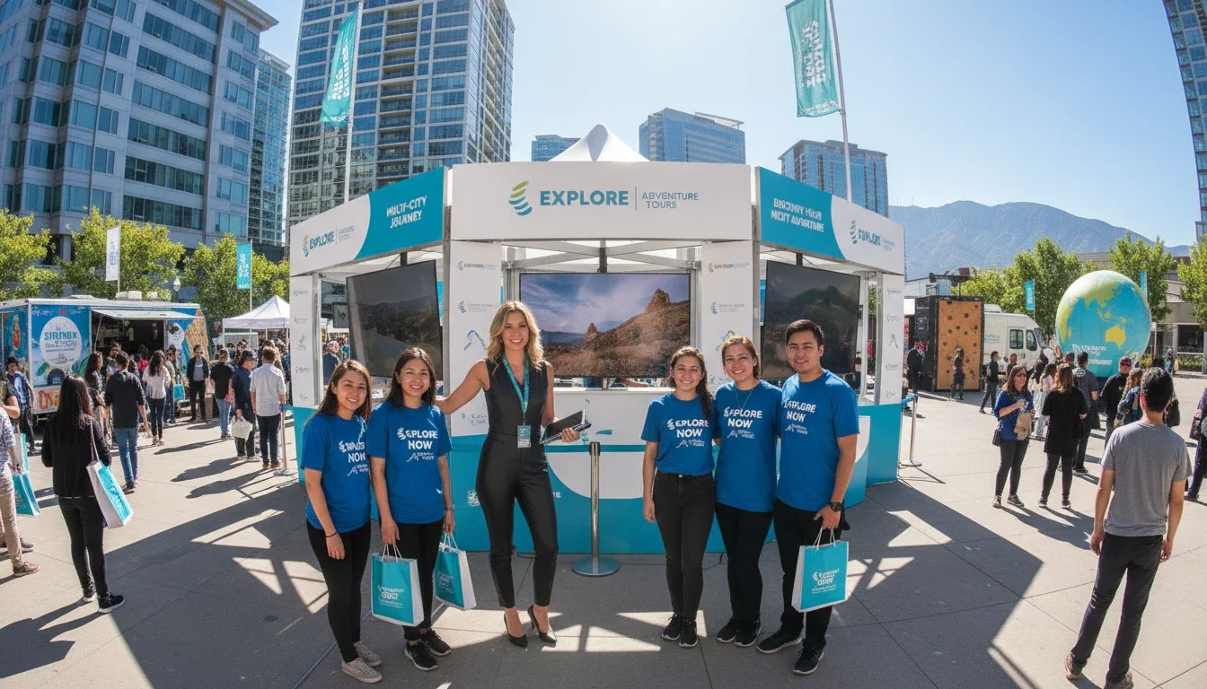 tour activation specialist managing brand pop-up event team outdoors