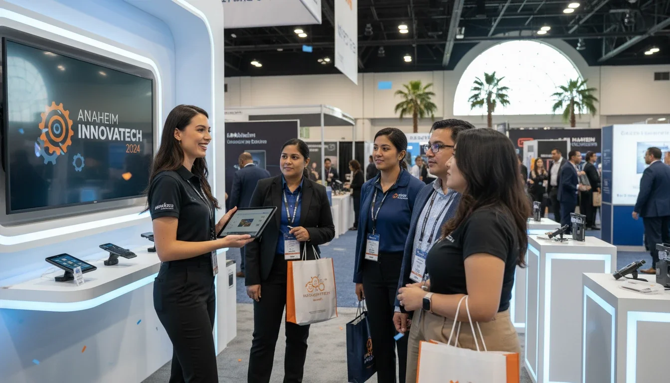 brand ambassador at Anaheim trade show booth engaging with event attendees