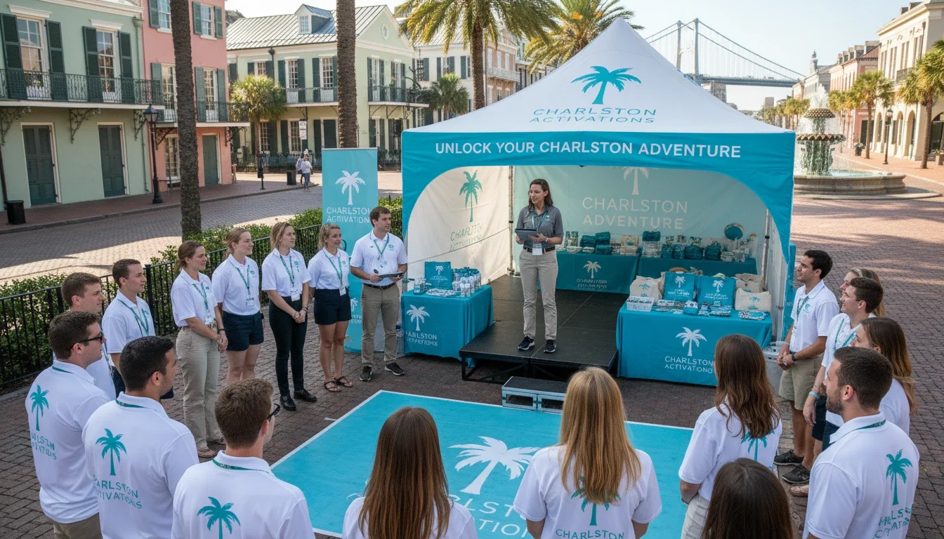 Promotional event staff getting briefed before a brand activation in Charleston, South Carolina