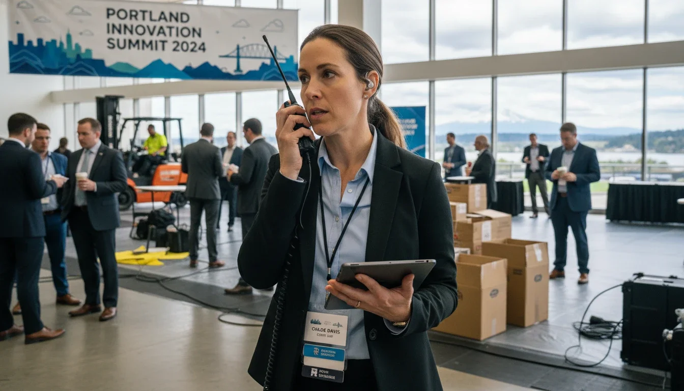 Event coordinator managing operations at Portland conference