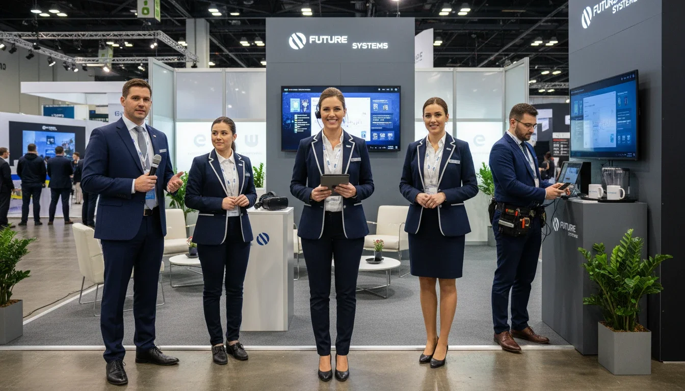 Five trade show staff members in branded uniforms standing ready at a professional event booth, representing different roles
