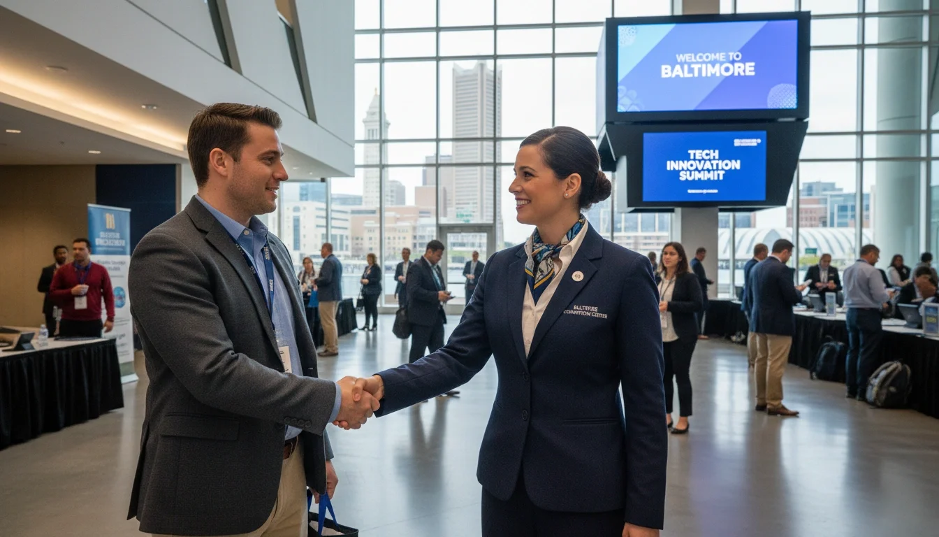 professional event staff member greeting guests at Baltimore convention center