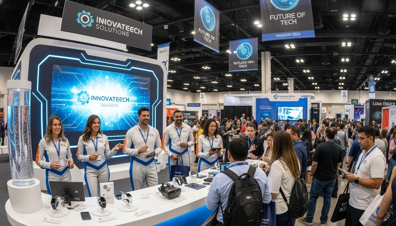 Brand ambassadors in uniform engaging attendees at an Anaheim trade show