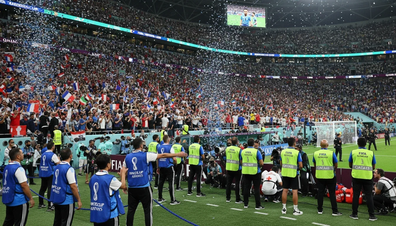 Event staff managing FIFA World Cup 2026 crowd at a major stadium