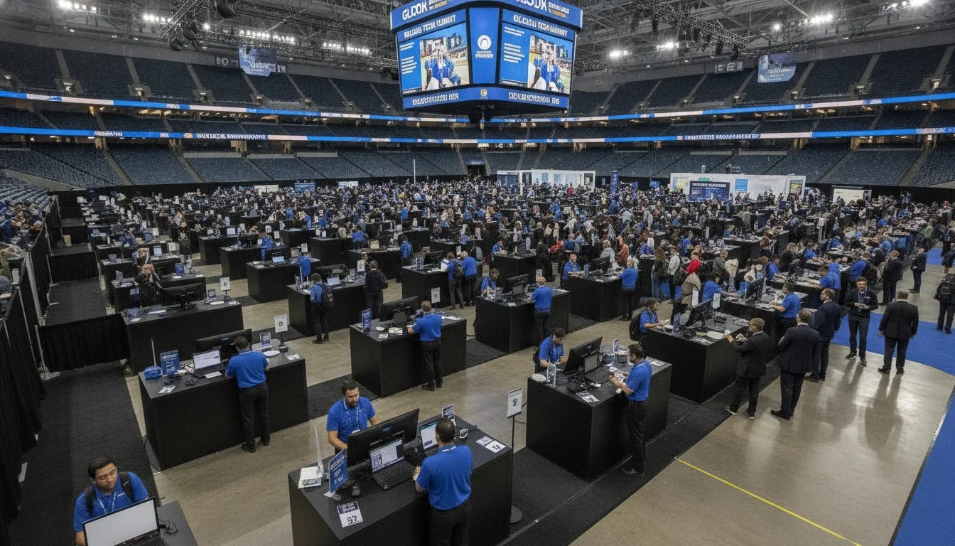 Professional registration staff managing check‑in at a convention or trade show in a stadium venue