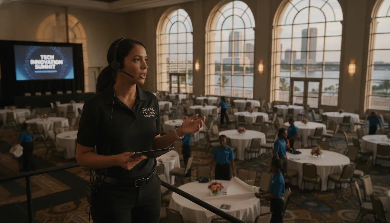 Event staffing agency supervisor overseeing team at a major Tampa venue