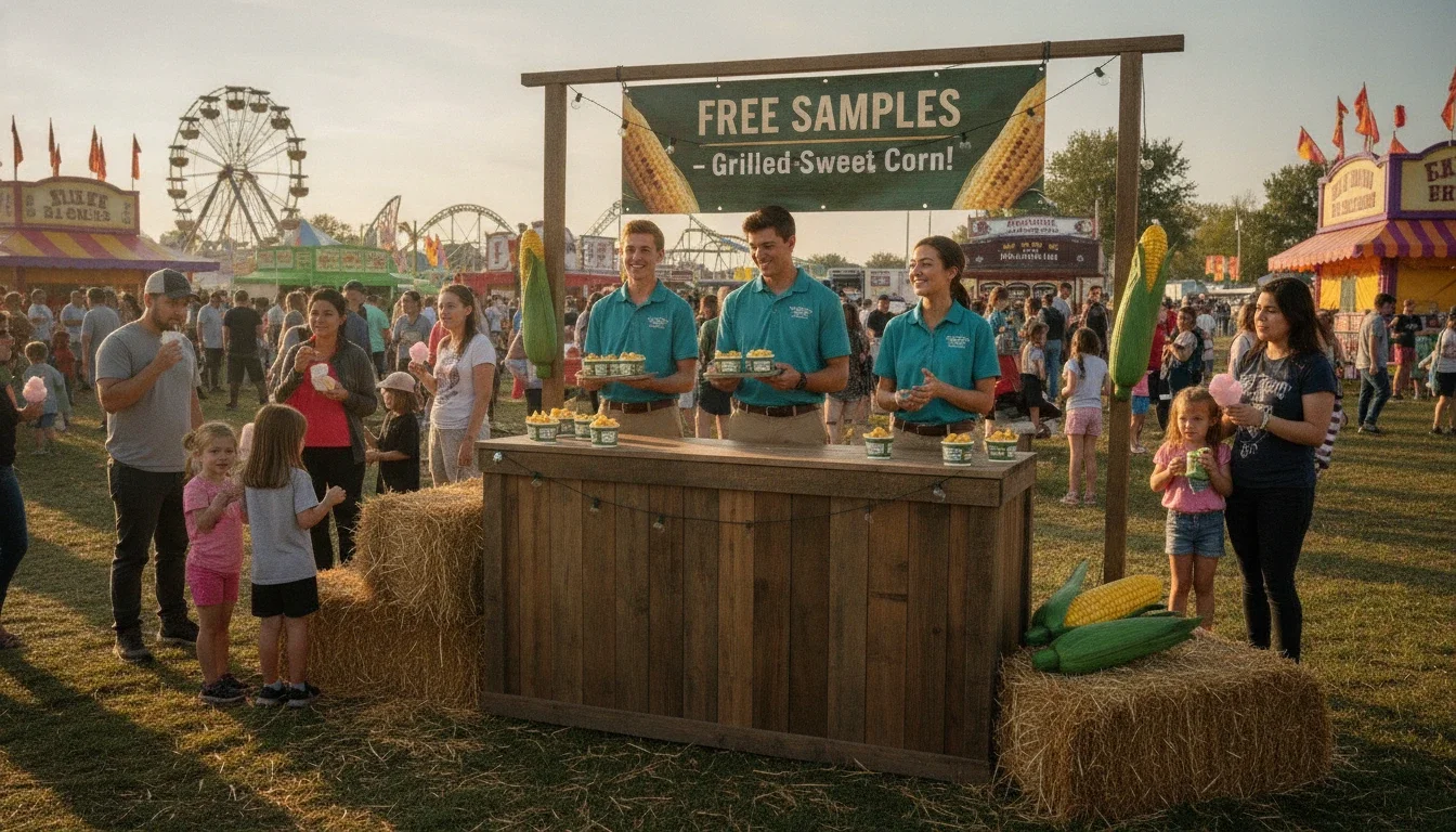 Professional event sampling staff at a state fair food brand activation, handing out samples to fairgoers