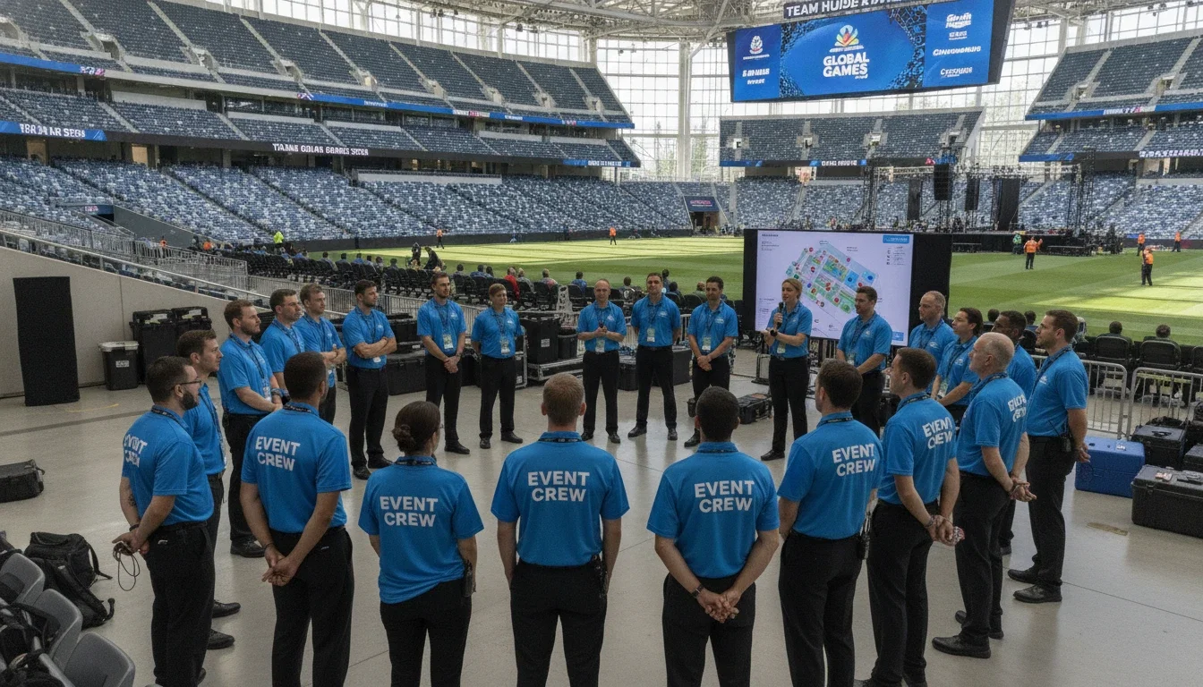 Event staff team briefing before deployment at major stadium event