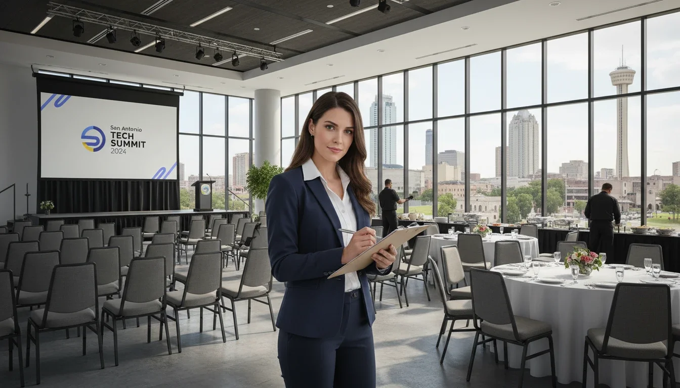 Event planner reviewing venue setup details with a clipboard at a San Antonio conference space
