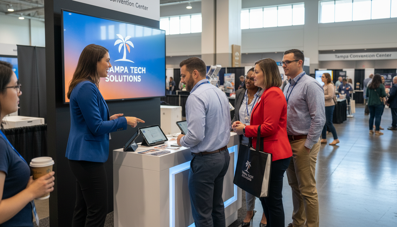 Brand ambassador at a Tampa Convention Center trade show booth engaging with attendees