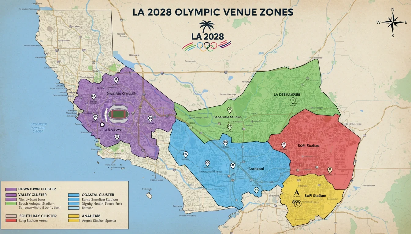 Map of LA 2028 Olympic venue zones across Greater Los Angeles