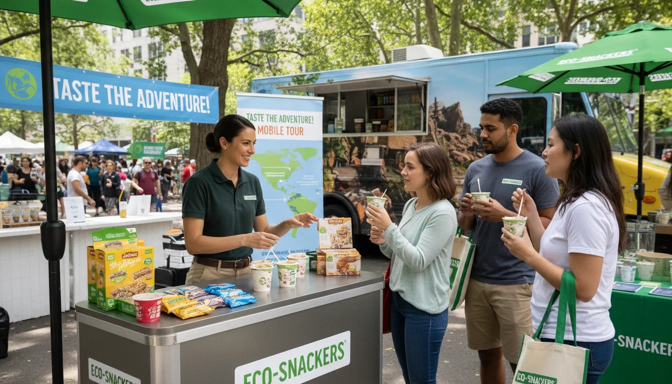 Brand ambassador in branded uniform engaging consumers at sampling station during tour activation
