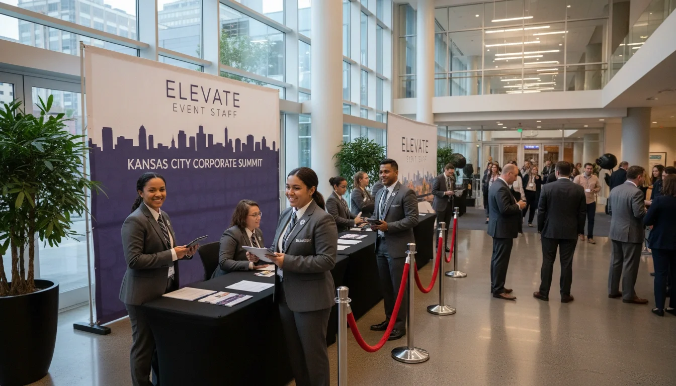 Professional event staff from Elevate Event Staff manage guest arrivals at a large-scale Kansas City corporate event