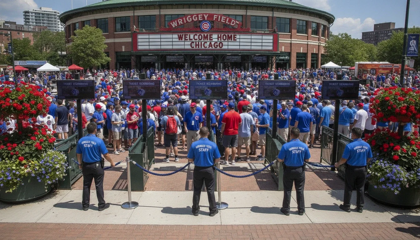 Event staff managing fan flow at the Wrigley Field gates on a Cubs home game day