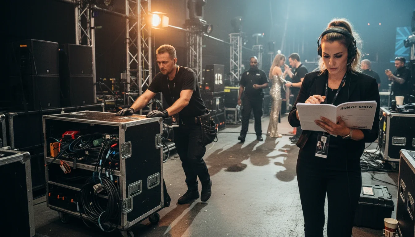 Event production assistant and event coordinator working backstage at a live event in Los Angeles