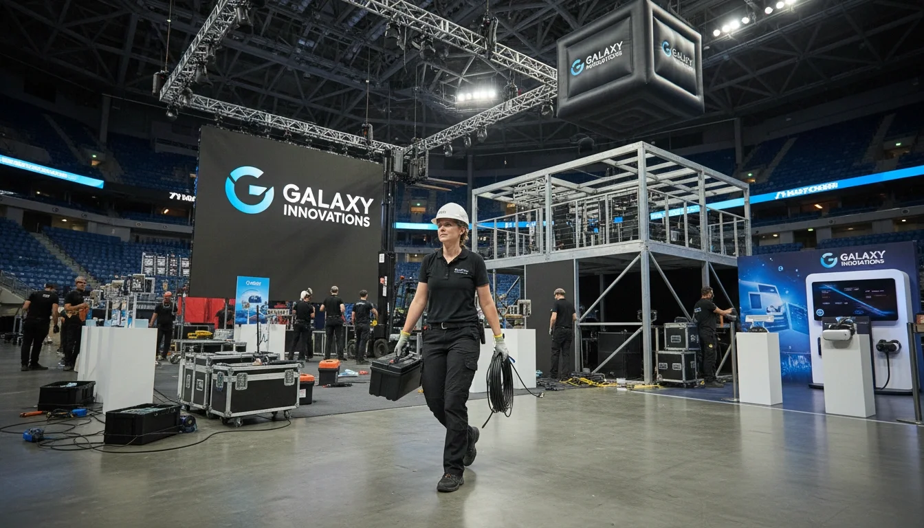 Event production assistant supporting a brand activation setup at an indoor arena venue