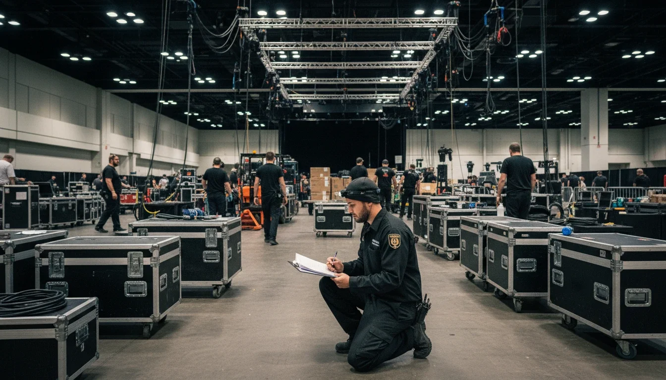 event production assistant reviewing clipboard during venue load-in setup