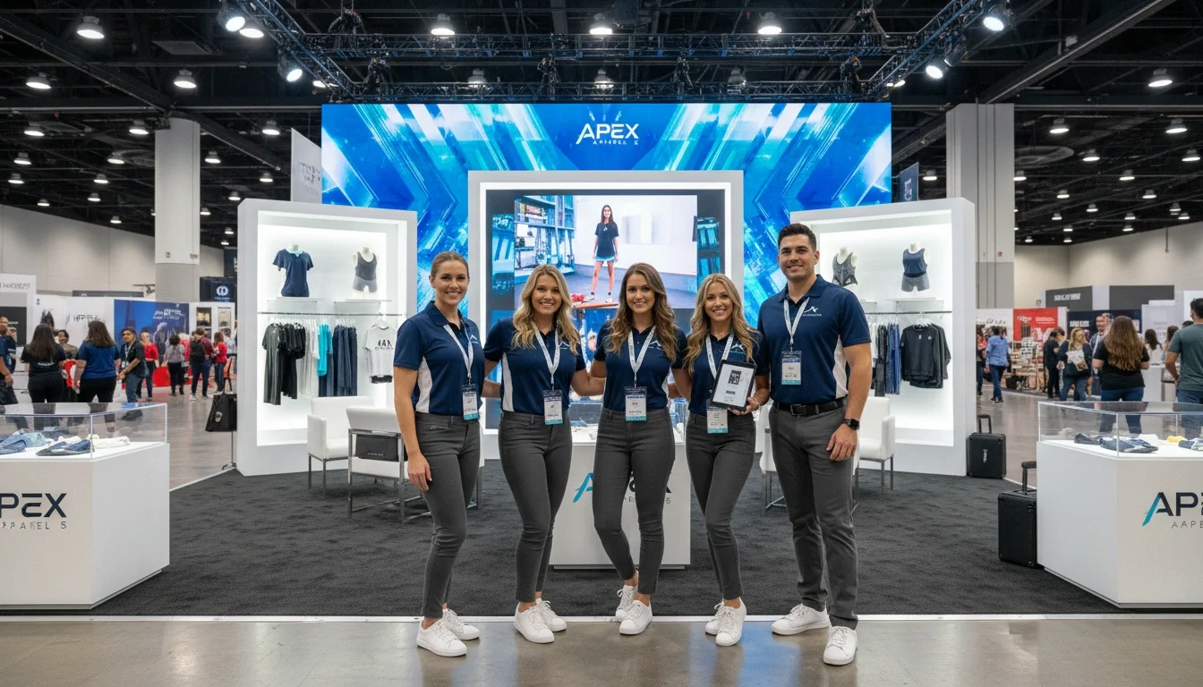 Event staff in coordinated, brand-aligned attire representing an apparel exhibitor at Las Vegas Convention Center