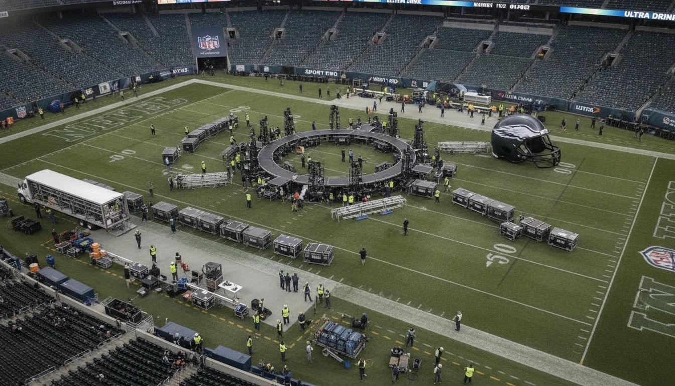 Production team coordinating setup and load‑in at a major NFL stadium activation