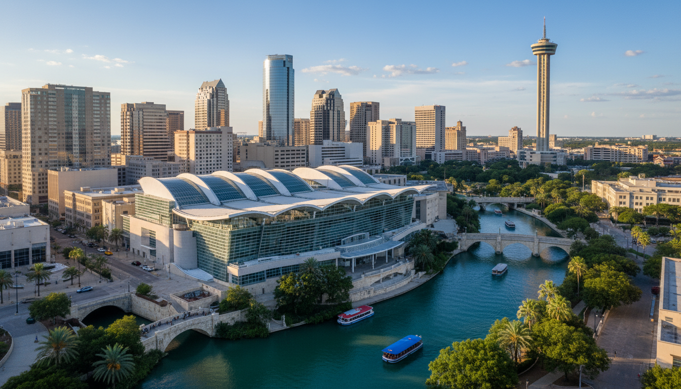 Aerial view of the Henry B. González Convention Center in downtown San Antonio along the River Walk