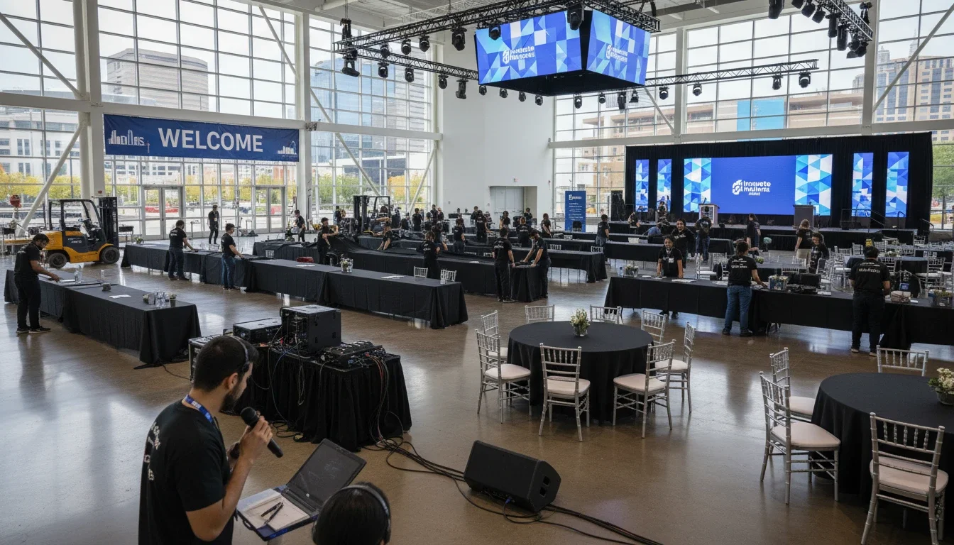 Event production assistants setting up a corporate event space in Indianapolis