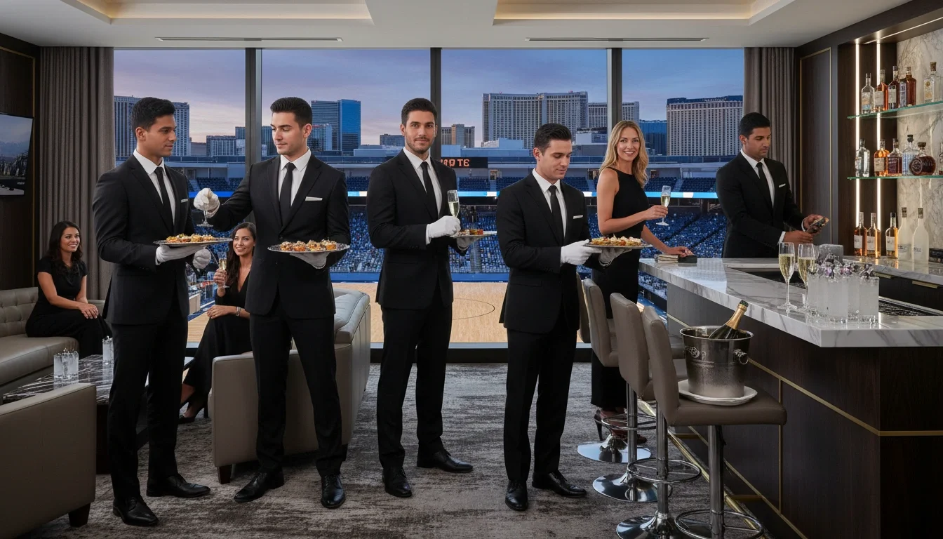 VIP hospitality staff delivering white-glove service at a premium arena suite in Las Vegas