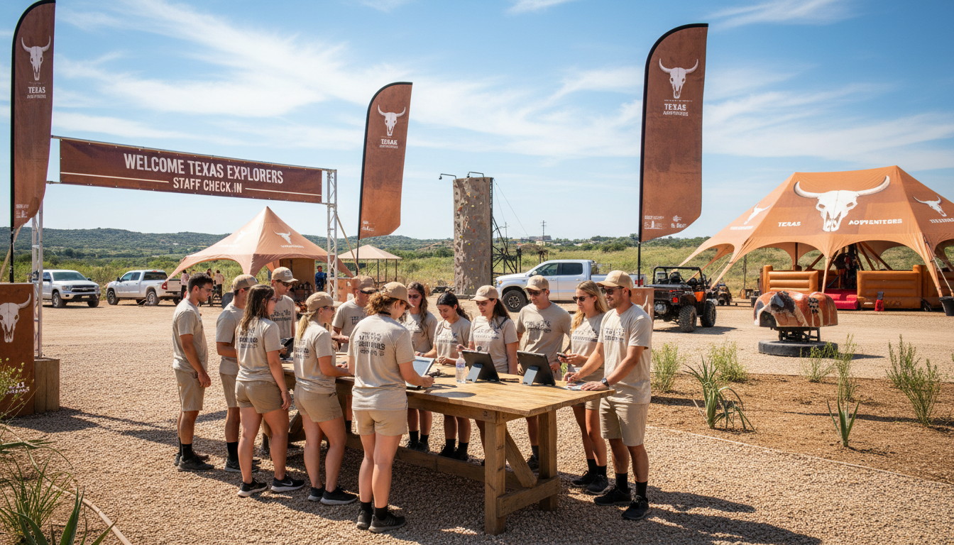 Promotional staff team check-in at an outdoor brand activation event in Texas