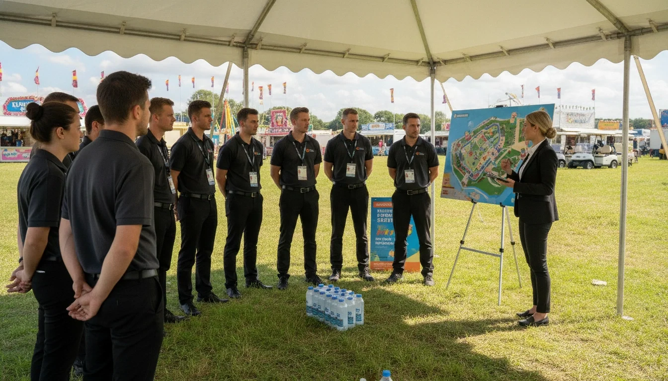 A professional event staffing team receiving a pre-event briefing in an outdoor fair setting, engaged and attentive