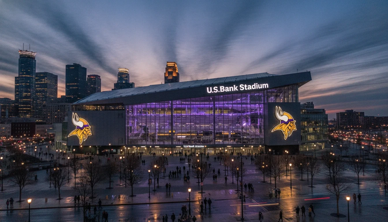 U.S. Bank Stadium, home of the Minnesota Vikings and one of Minneapolis's premier event venues, pictured from the exterior at dusk.
