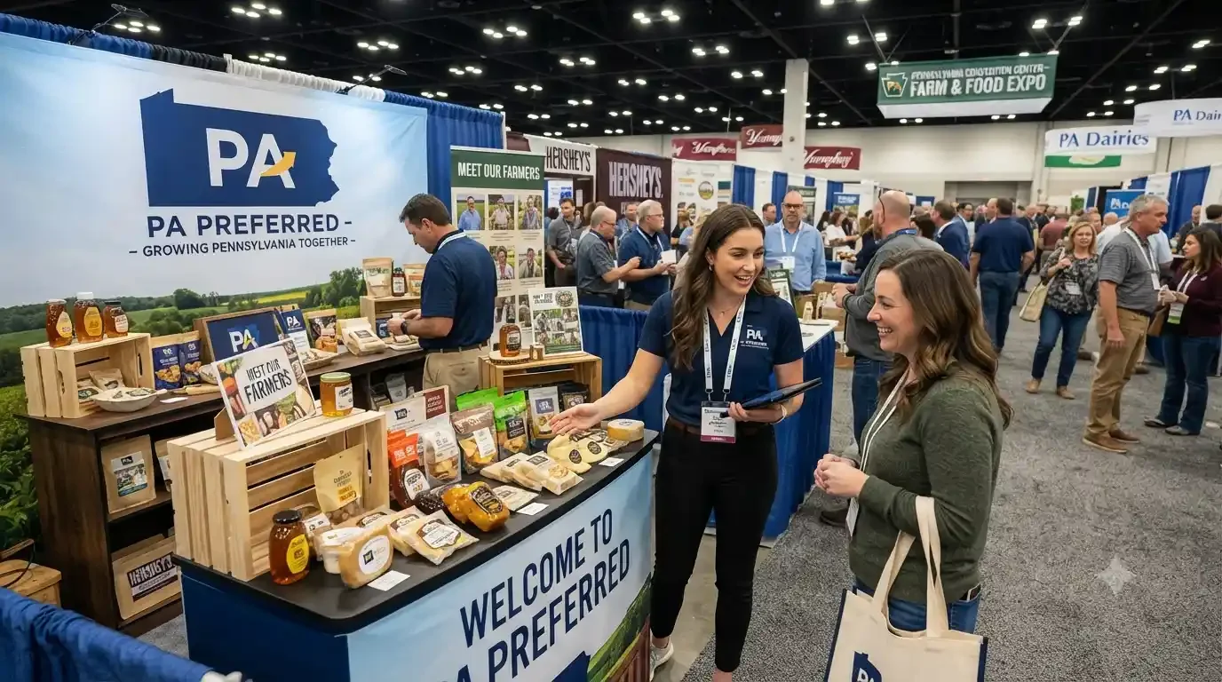 A brand ambassador engaging attendees at a Pennsylvania trade show booth