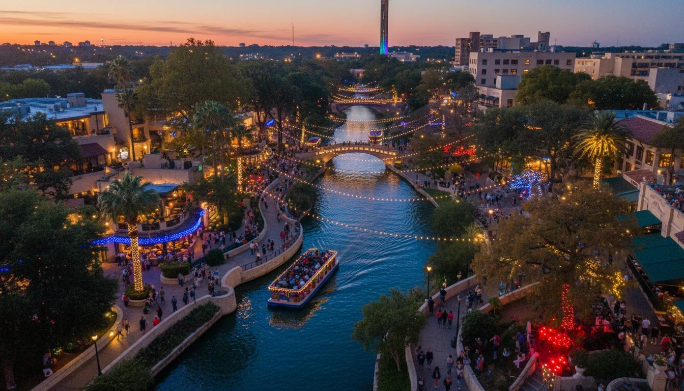 Aerial view of San Antonio's River Walk at dusk with event lights reflecting on the water