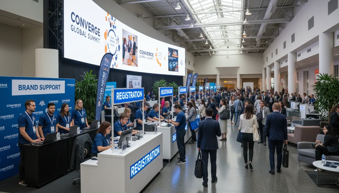 Conference registration and brand team staff supporting a large-scale convention