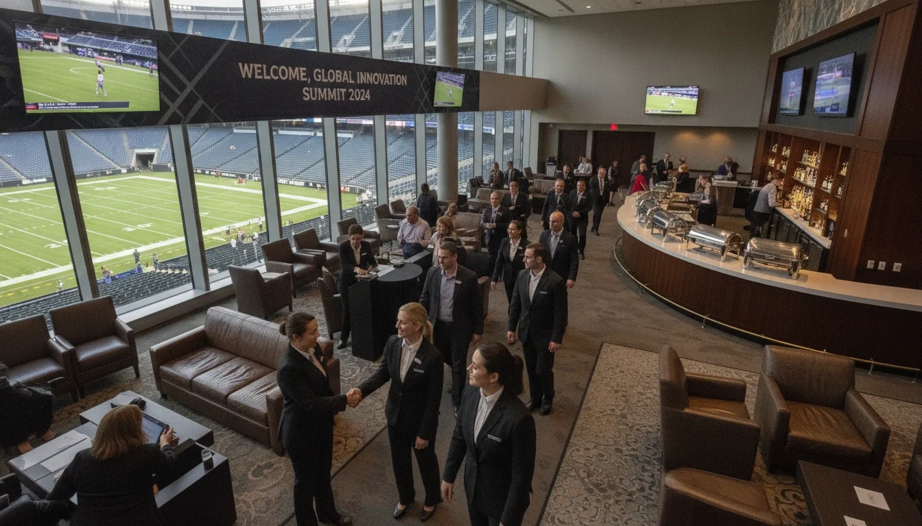 Professional event staff greeting corporate guests inside a stadium club level room