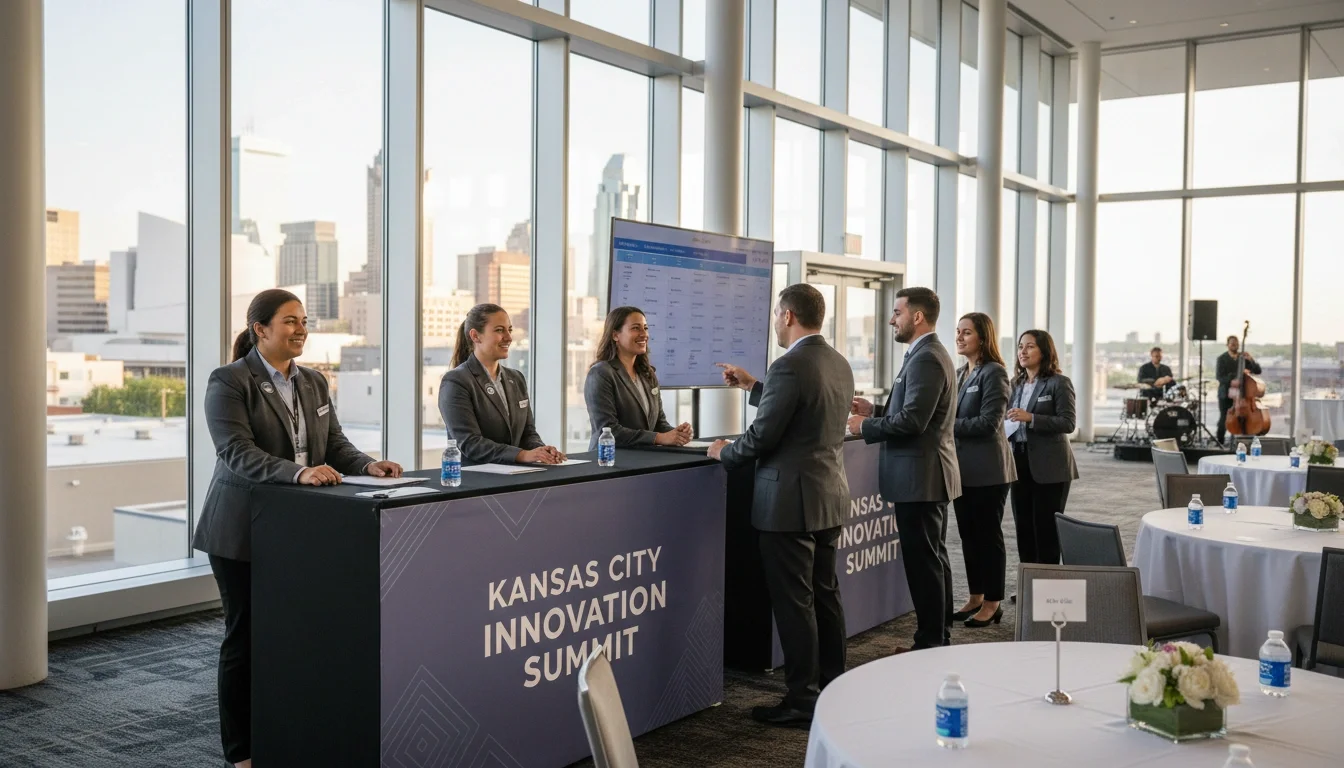 Professional event staff welcoming guests at a Kansas City corporate event