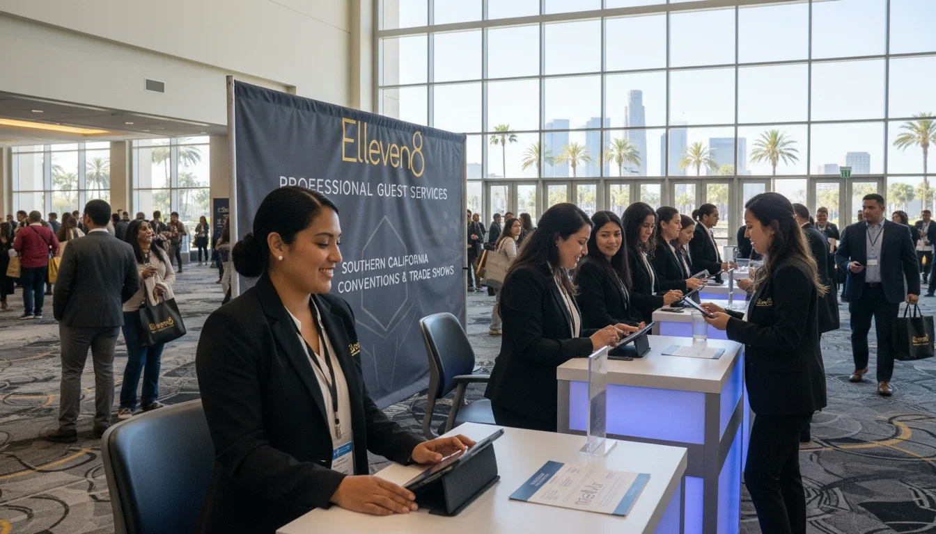 Professional event staff checking in attendees at a corporate convention in Anaheim California