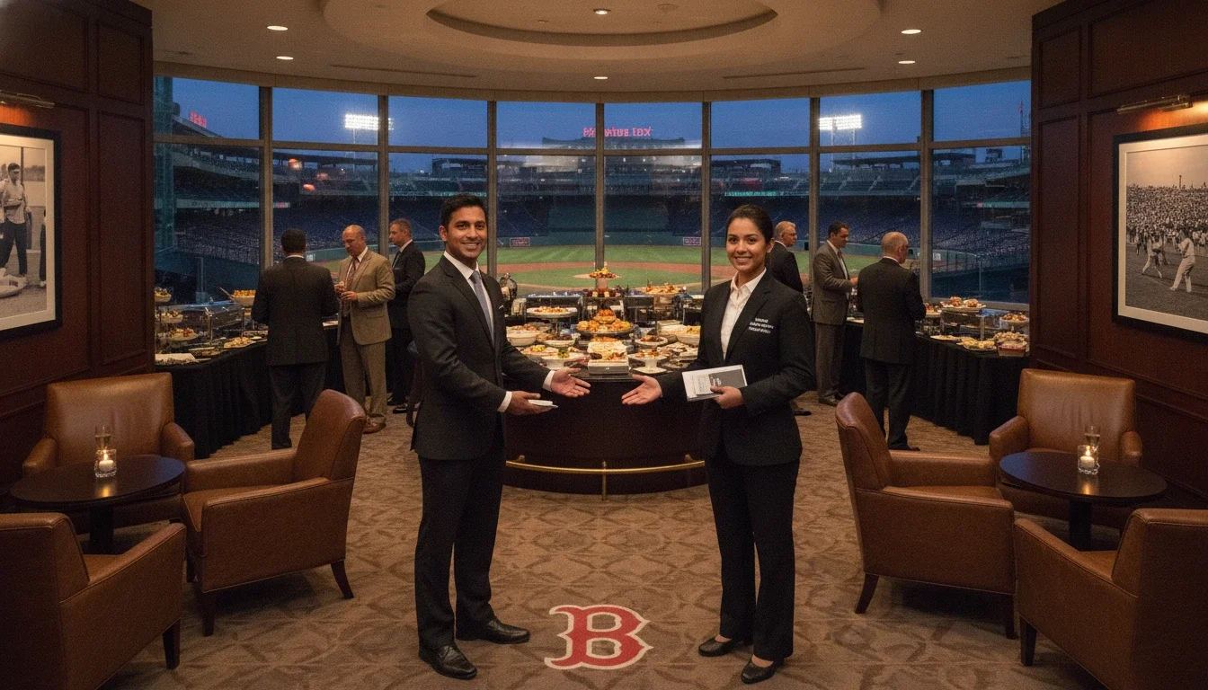 A corporate hospitality reception at a Fenway Park premium club space with professional event staff welcoming guests