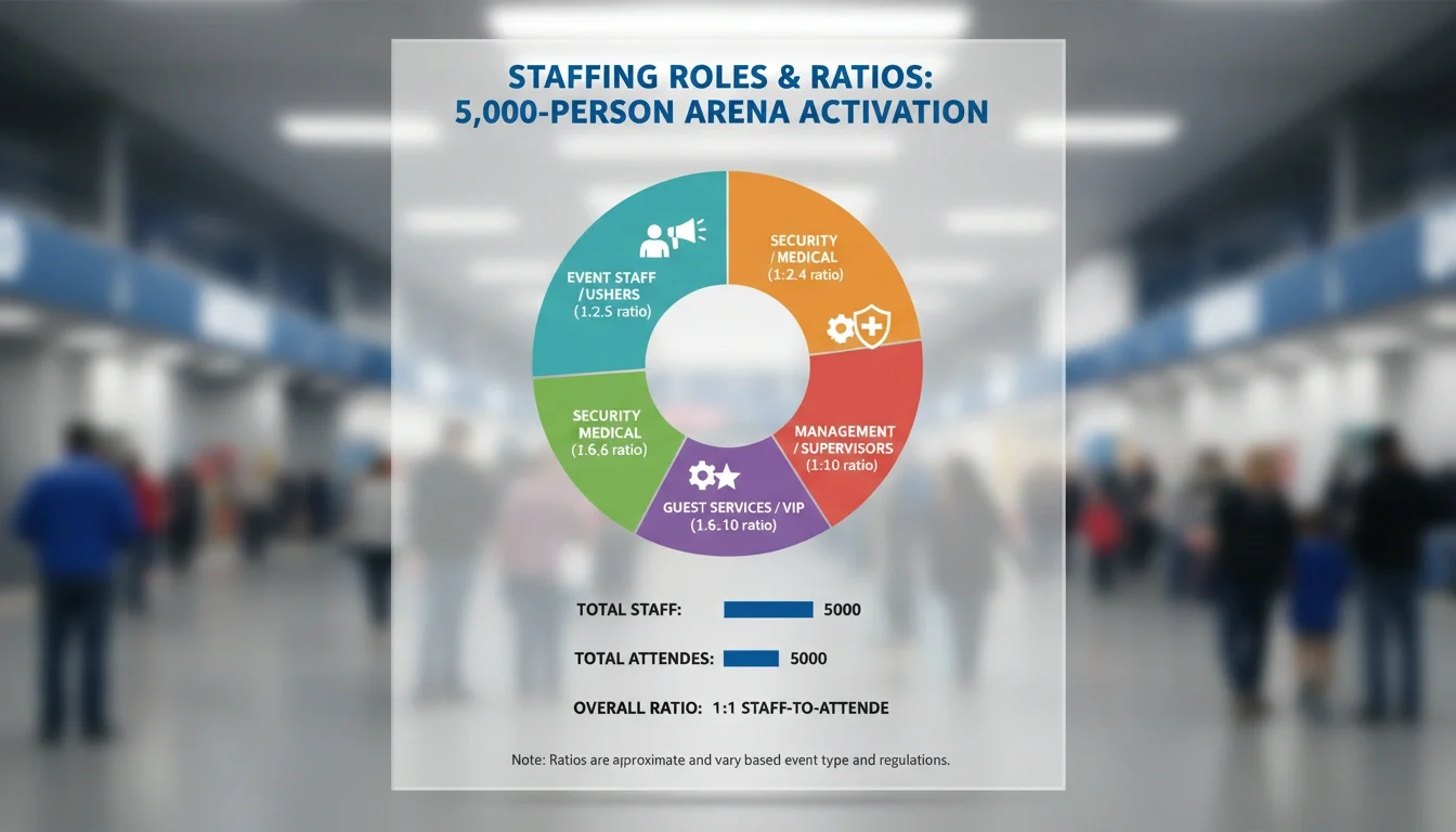 Infographic showing staffing roles and ratios for a 5,000-person arena activation