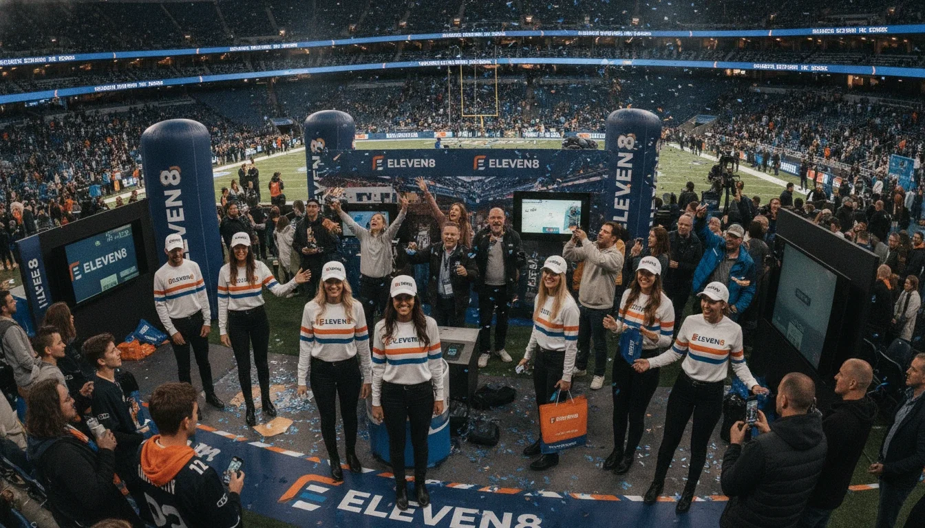 Eleven8 brand ambassadors in branded uniforms engaging with fans at a stadium brand activation event