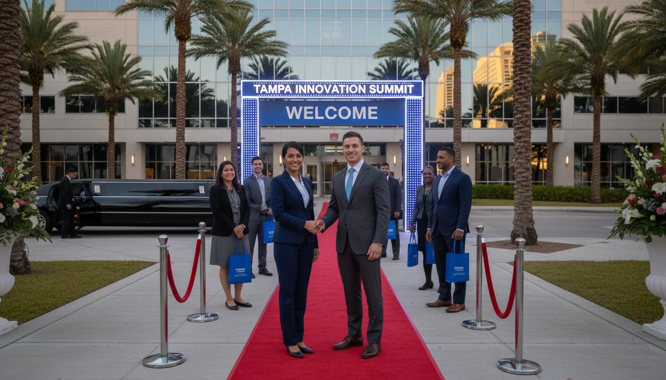 Guests being welcomed by professional greeters at a Tampa corporate event entrance