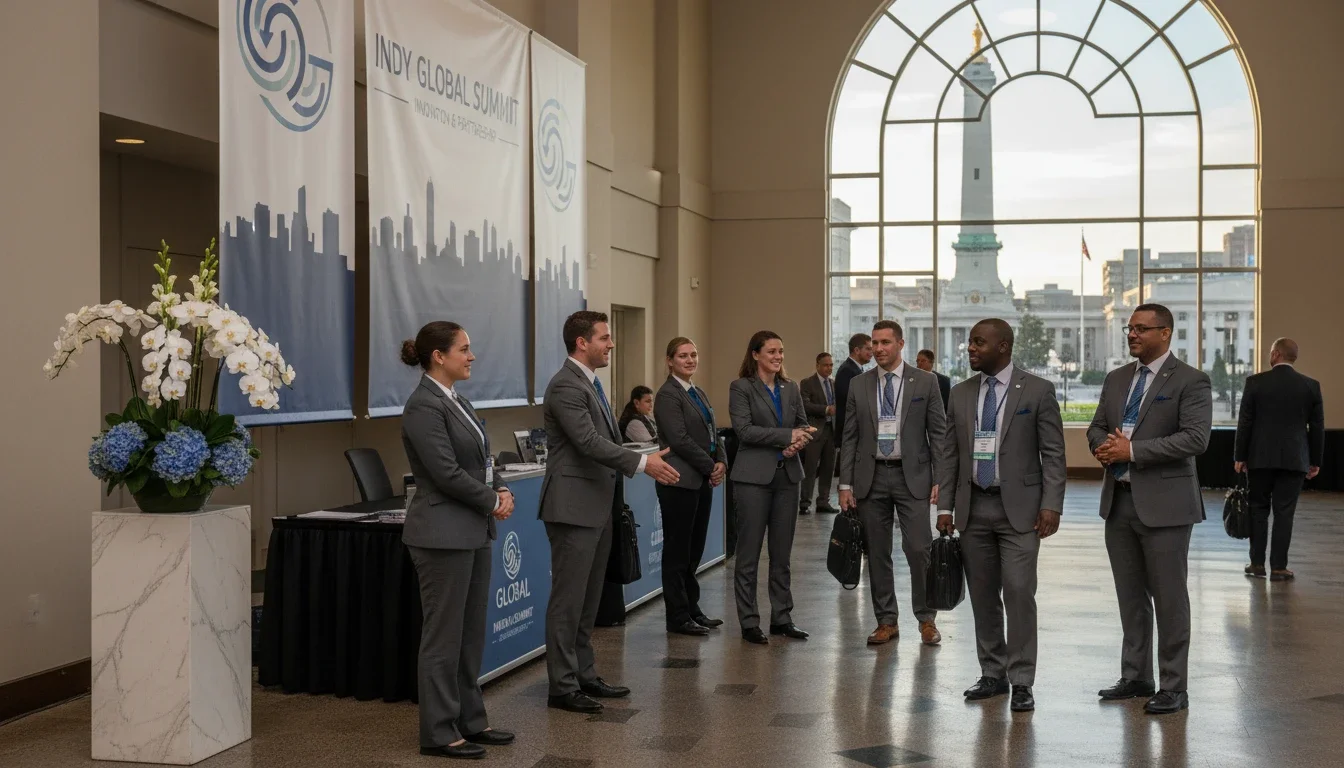 Professional event staff greeting guests at a corporate event in Indianapolis