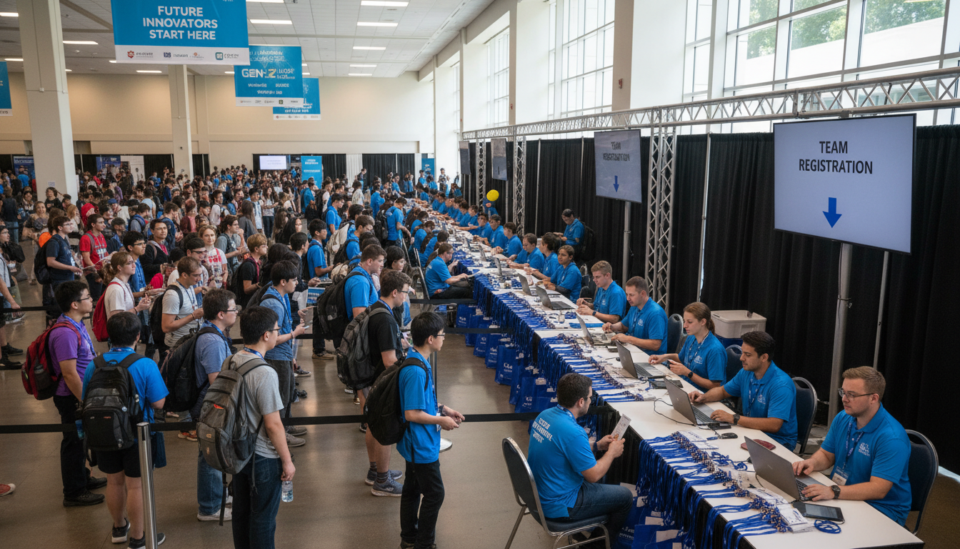 A trained check-in team processes hundreds of team registrations efficiently at a STEM convention