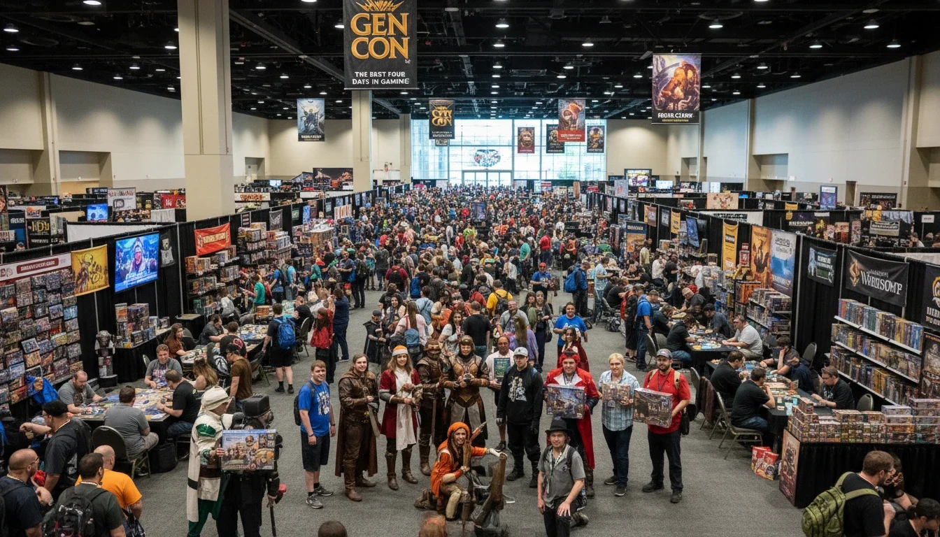 Inside the Indiana Convention Center during Gen Con with costumed attendees and busy exhibit halls
