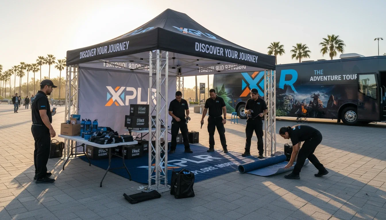 event staff setting up branded pop-up booth brand tour morning