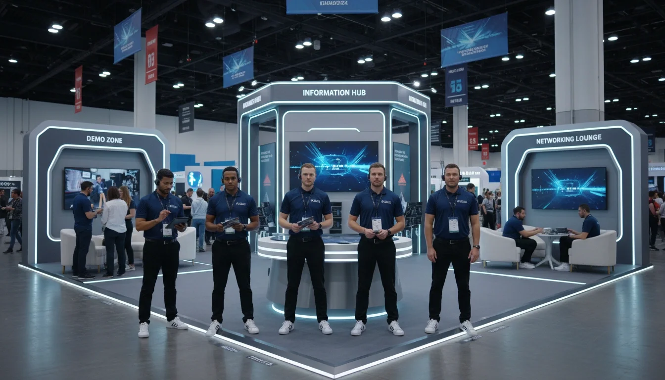 A coordinated event staff team works in assigned zones at a large convention center booth