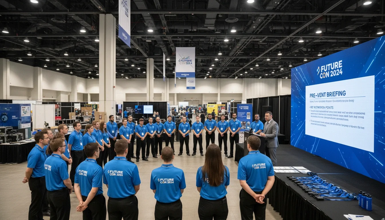 Event staff team receiving pre-event briefing before convention activation
