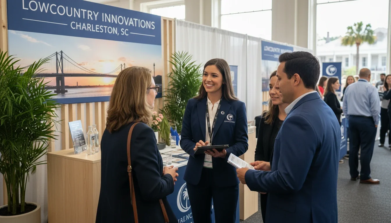 Brand ambassador talking to attendees at a trade show event in Charleston SC