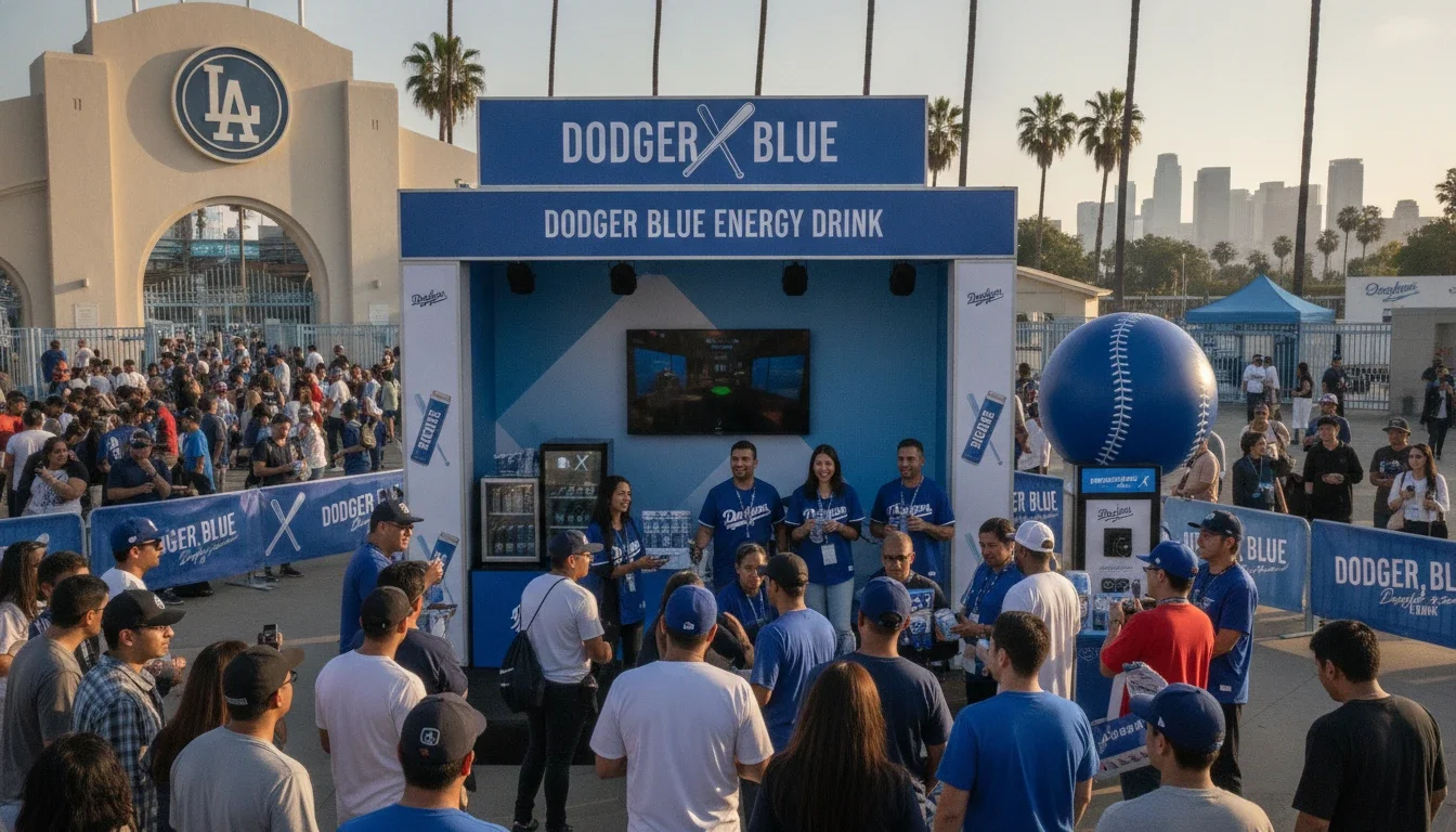 Brand ambassador team managing an experiential marketing activation booth near Dodger Stadium entrance plaza